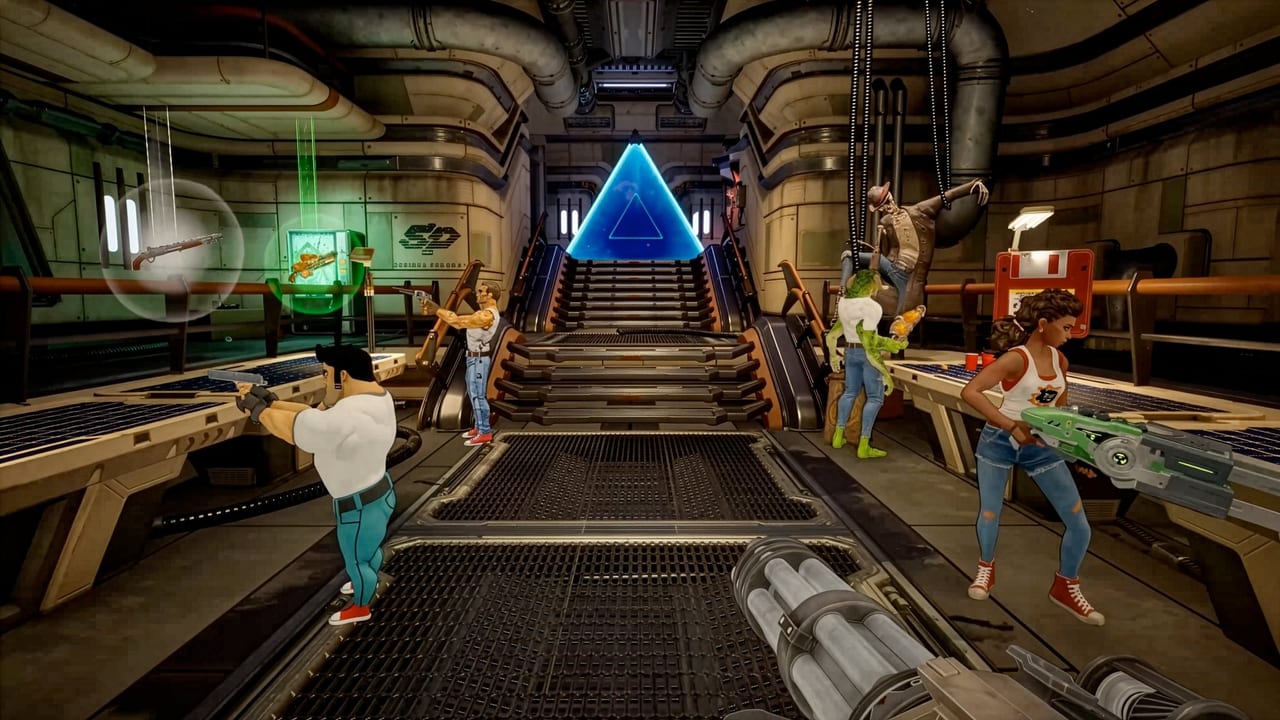 Five alternate Sams gathered in a Shatterverse hub with weapon pickups and a portal gate